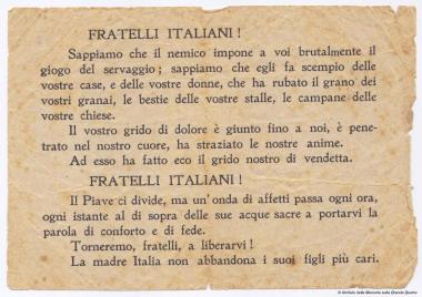 Volantino lanciato da velivoli italiani per rincuorare le popolazioni delle loca